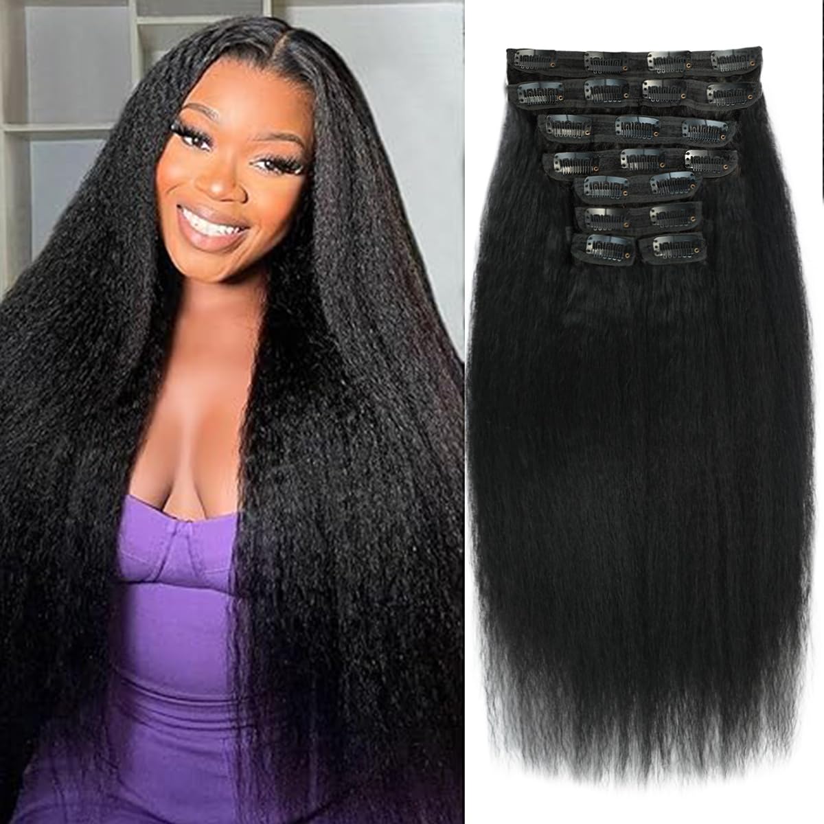 Kinky Straight Human Hair Clip in Extensions 110g Full Head Clip ins for Women 100% Unprocessed Brazilian Virgin Human Hair Yaki Straight Clip ins Remy Hair Natural Black 8Pcs 20Clips 26inch