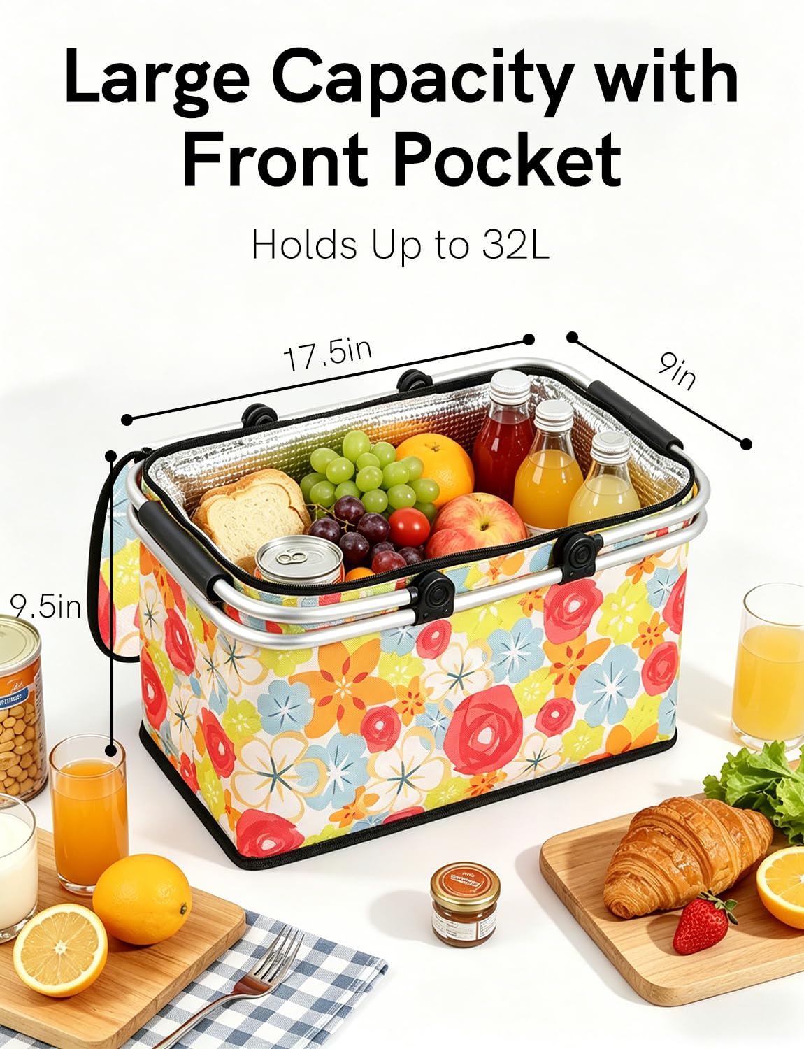 Isolierter Picknickkorb, faltbare Kühltasche, 32 l, Lebensmittelkorb mit Deckel, 2 stabile Griffe, Aufbewahrungskorb für Picknick, Lebensmittellieferung, zum Mitnehmen, Markteinkäufe, Reisen