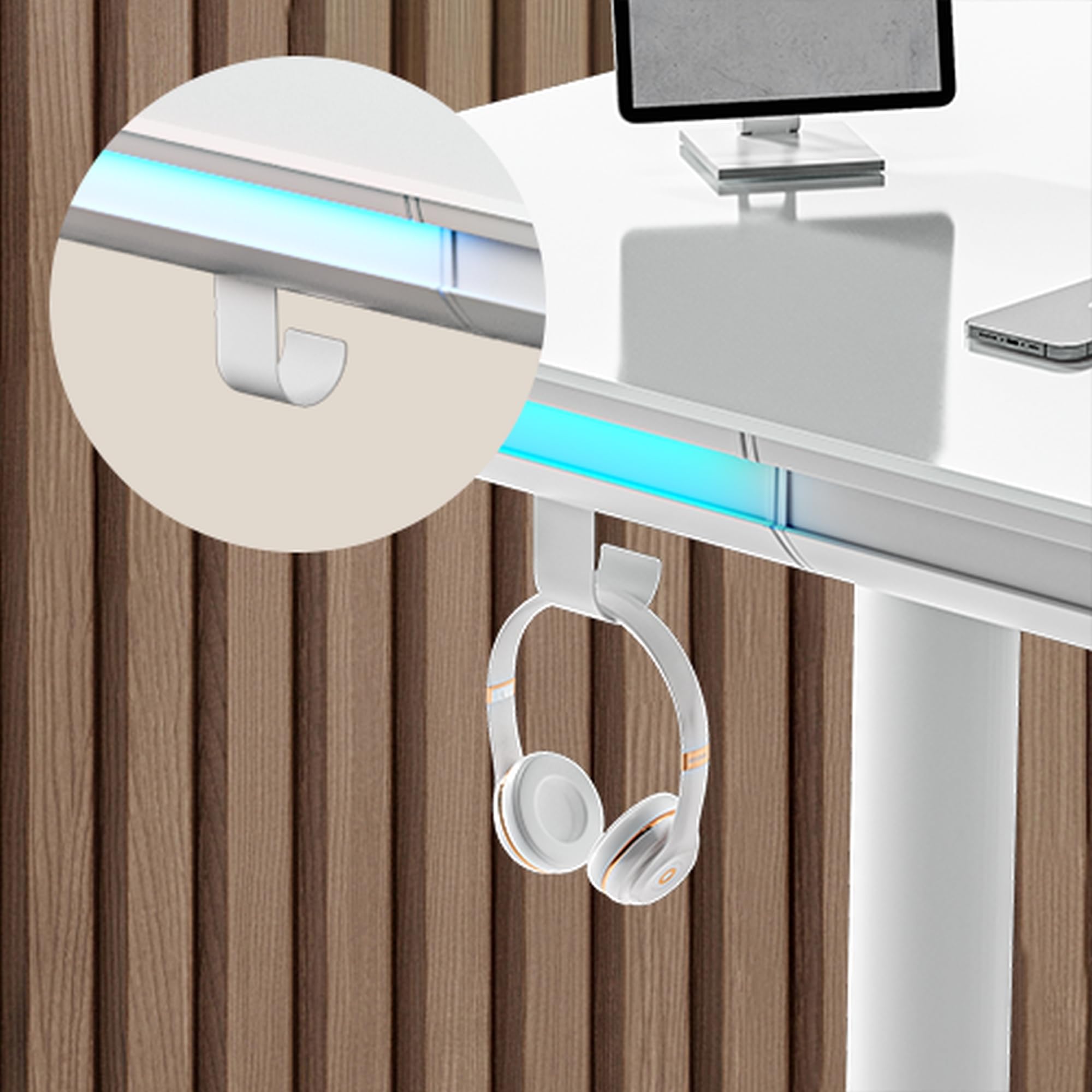 SENSE7 Nomo LED Gaming Schreibtisch, 120x60cm, Höhenverstellbar, USB-C, USB 3.0, Glas, Schublade, Haken, Modern, Weiß, Erwachsener, Home Office, Büro, Lernzimmer, Wohnzimmer