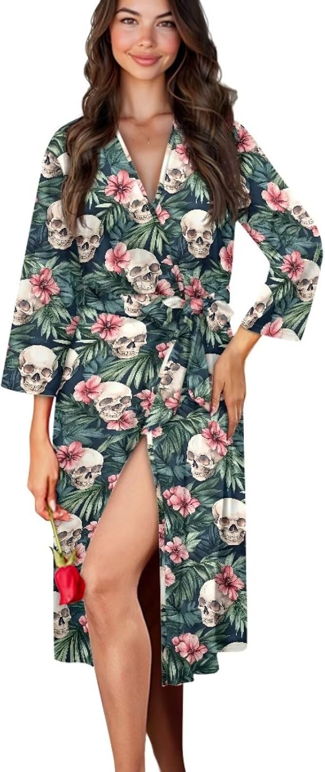 Women’s Robe with Belt Long Sleeve Nightgowns Sexy V-neck Bathrobe Breathable Soft Sleepwear Plus Size Lounge Wear