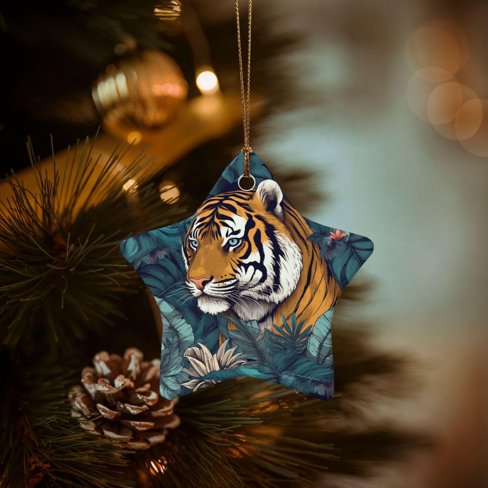 Christmas Ornaments for Christmas Tree Decoration Hanging Tropical Tiger Ornament with Gold Ribbon Crafts Star Shape Ceramic Pendant for Keepsake Gifts Xmas Decor Party Supplies