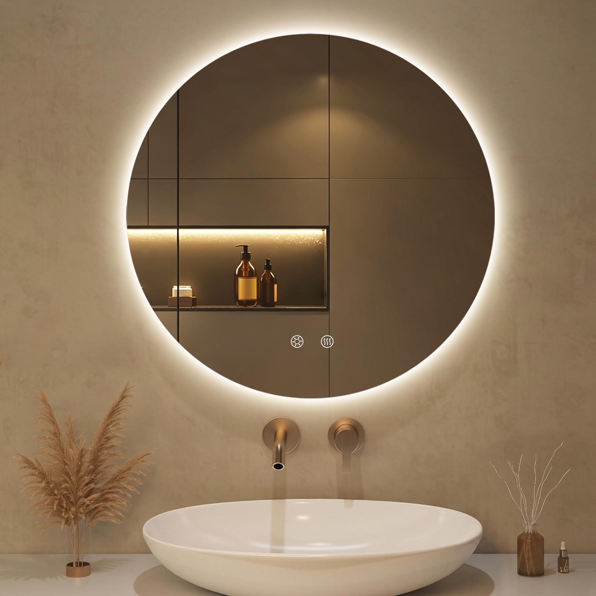 OUMUSU Bathroom Mirror with LED Lights, 50cm Round LED Bathroom Mirror, Anti-Fog, 3 Colour, Dimmable, ShatterProof