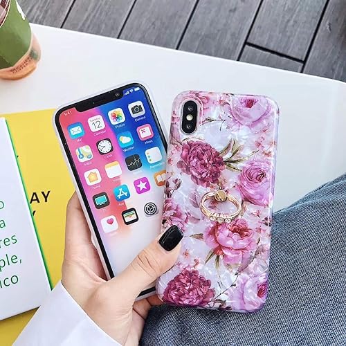 Miniatura 8 de Qokey Funda compatible con iPhone XS, iPhone X, funda floral bonita transparente para hombres, mujeres y niñas con anillo giratorio de 360 grados,