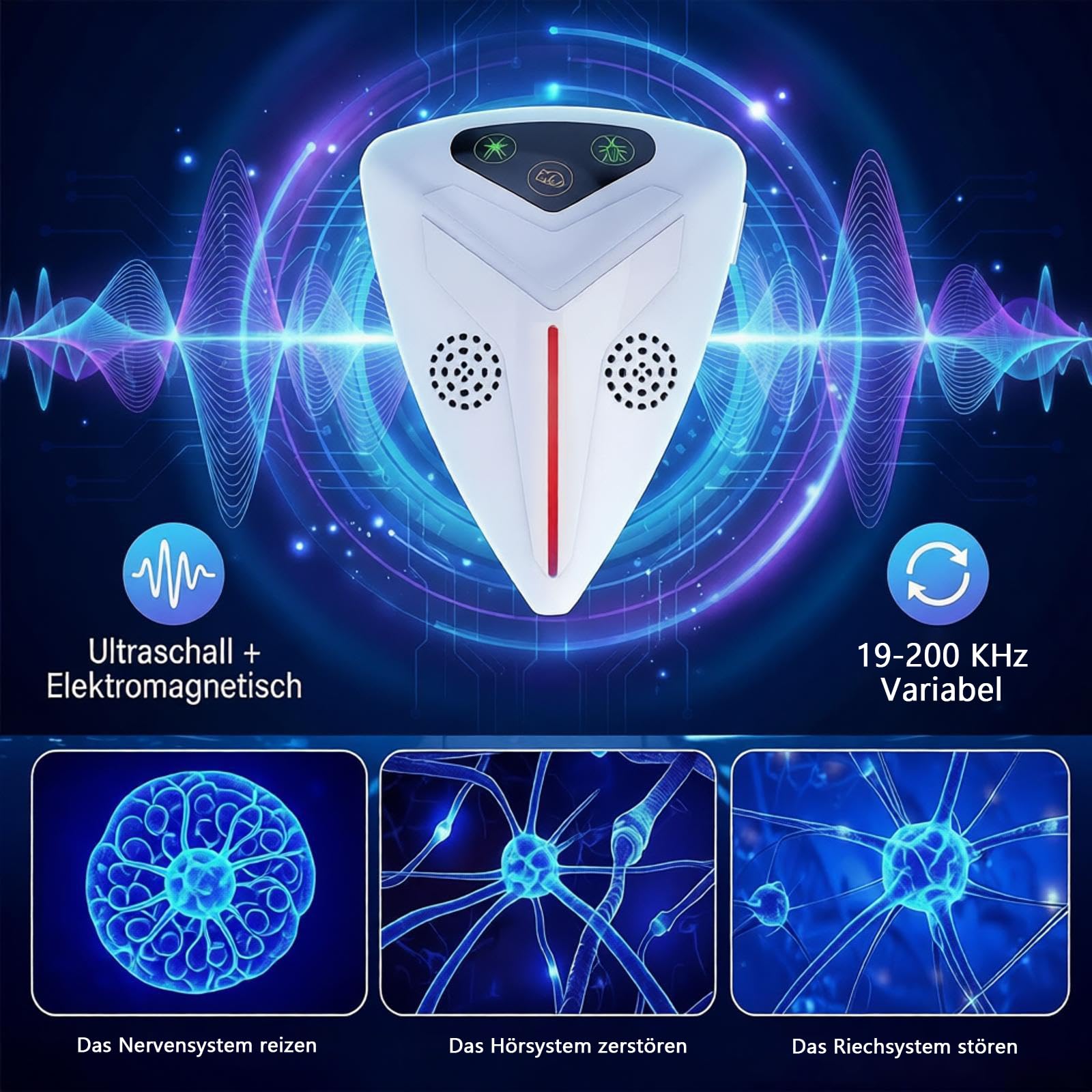 Ultraschall Schädlingsbekämpfer 4 Stück Set | 3 Modi 19-65 kHz - 200Hz | Mäusevertreiber & Mäuseabwehr | 80-120m² pro Gerät | Dual-Ultraschall | Insektenabwehr für Innenräume