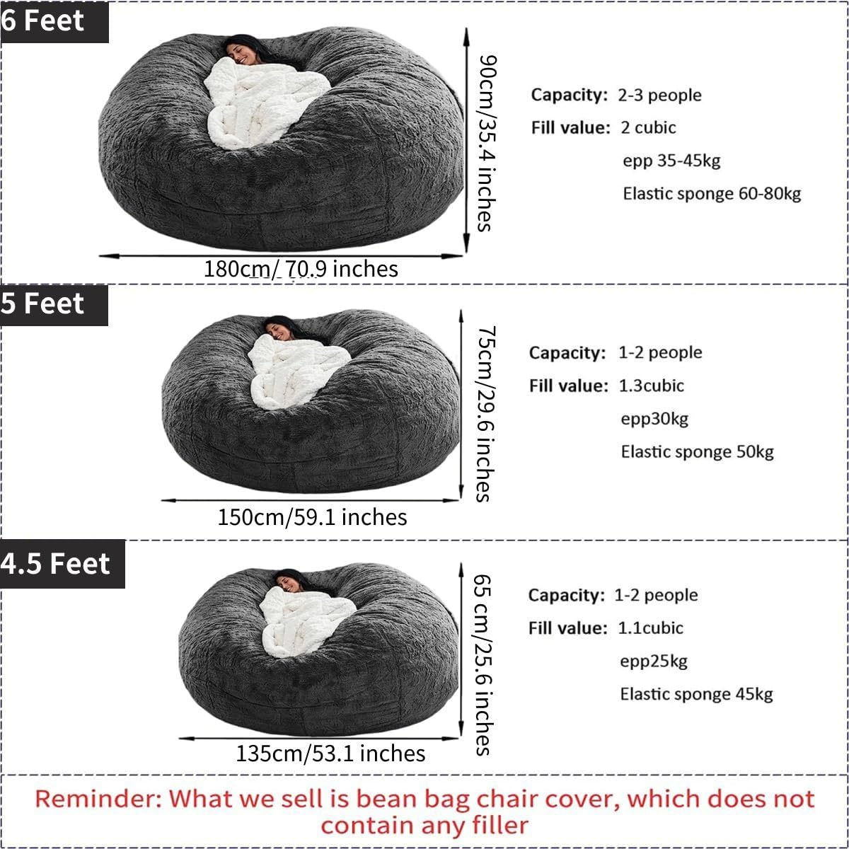 Round Giant Bean Bag Chair’s Inner Liner for Adults Kids (Without Bean Bag Cover and Filling), Inner Liner Only (5FT)