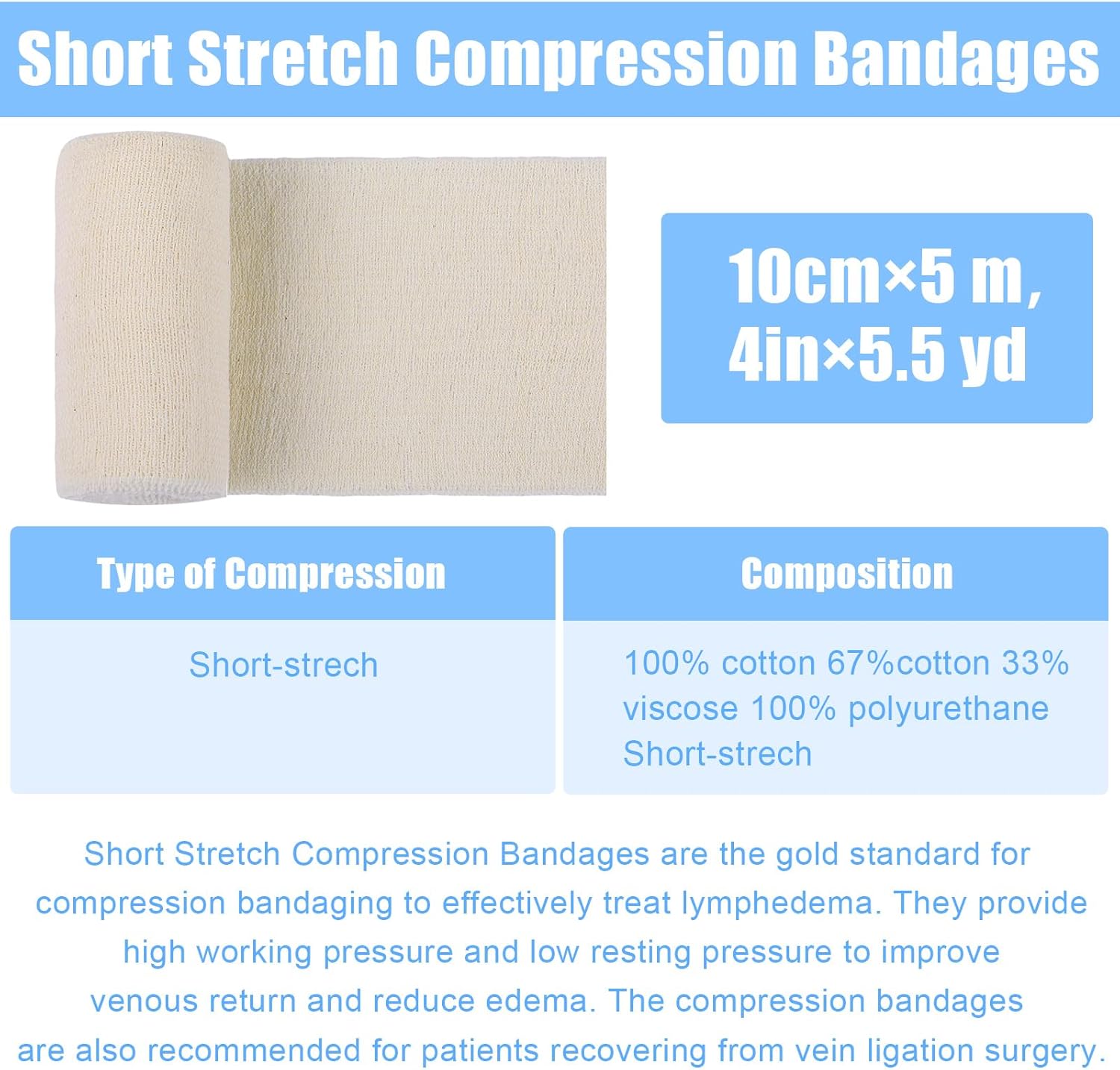 Geiserailie 10 Pcs Short Stretch Compression Bandage Stretched Wrap Bandage Wraps for Legs Ankle Leg Swelling Edema(10cm X 5m)