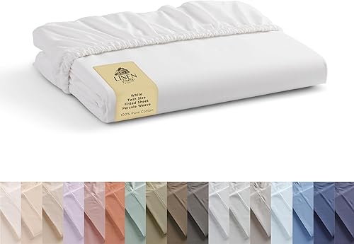 Sábana bajera de 100% algodón percal, tamaño individual, blanco, 1 sábana bajera con bolsillos profundos, ropa de cama fresca y resistente, 39 x 75