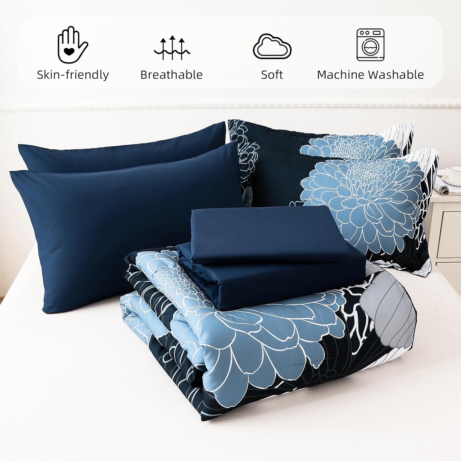 Yiran Navy Blue Bed in a Bag Comforter Set Queen 7 Pieces Floral Bedding Set for Bed,Soft Microfiber Flowers Comforter with 1 Flat Sheet 1 Fitted Sheet 2 Pillowshams - Image 6