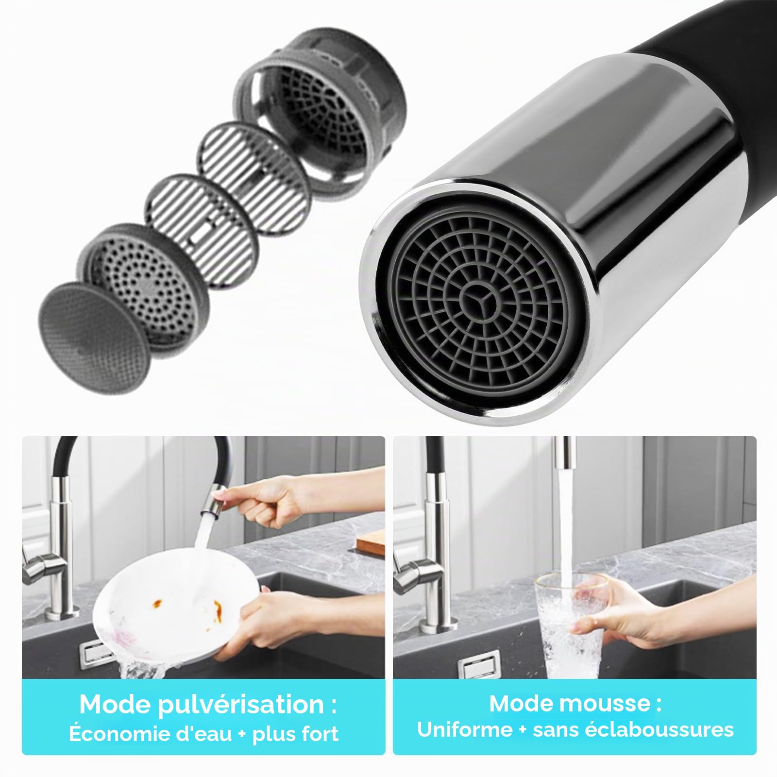 Mitigeur Cuisine Rotatif 360° Acier Inoxydable Bec Flexible Robinet Evier Haute Pression Noir