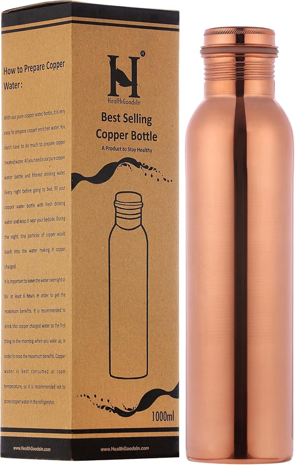 Pure Copper Water Bottle, 1000 ml Capacity, NON-LACQUERED, for Ayurveda Health Benefits