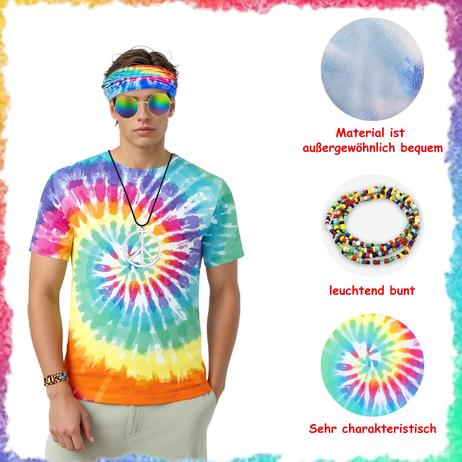 WanderGo 6 Pcs Hippie Costume for Men 80s Fancy Dress Men With Colourful T-Shirt, Peace Necklace, Hippie Sunglasses, Headband - Image 4