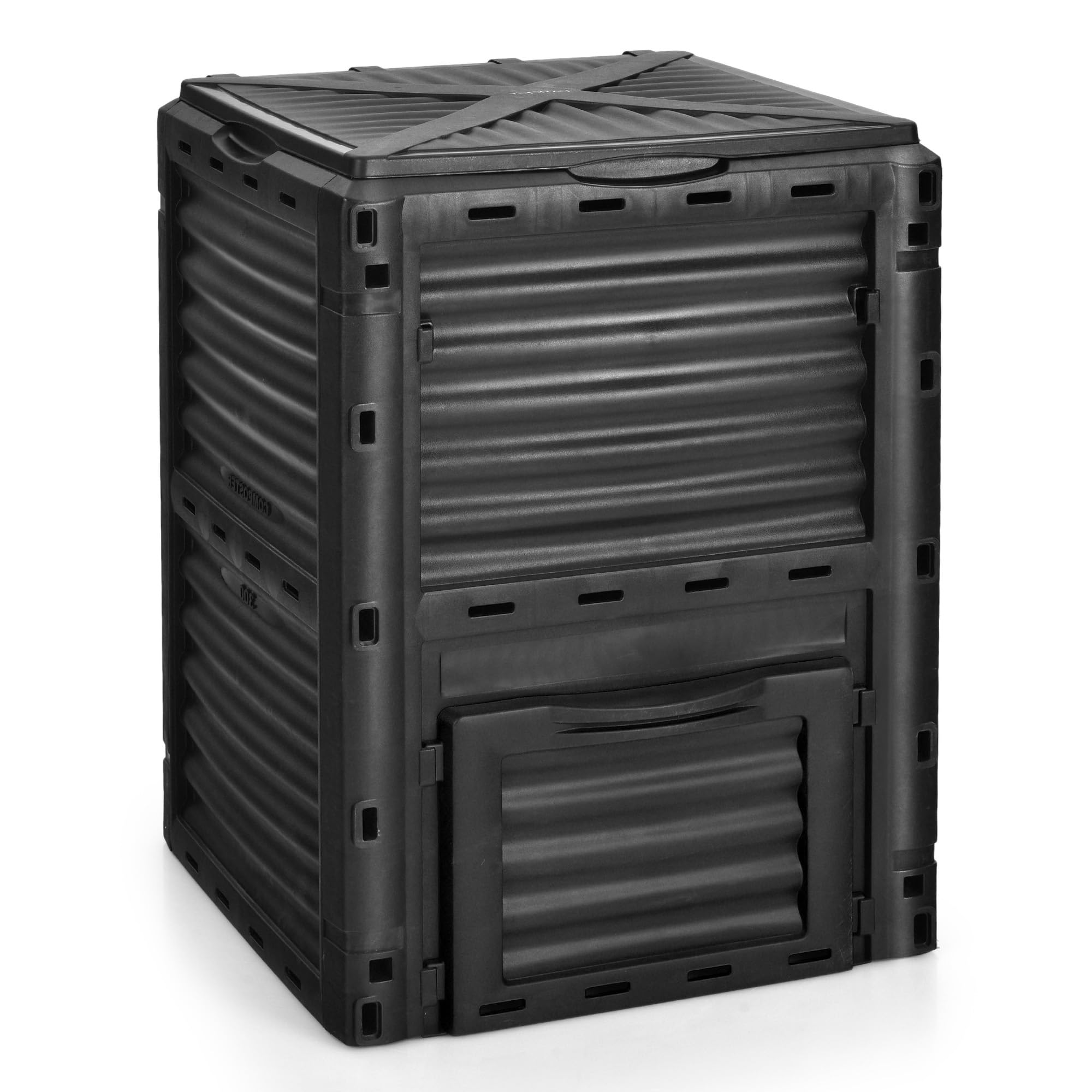 TANGZON 300L Garden Compost Bin, Large Plastic Composter Box with Flipped Lid, Bottom Exit Door & 12 Air Vents, Outdoor BPA-free Organic Waste Compost Converter for Soil Grass Rubbish (Black)