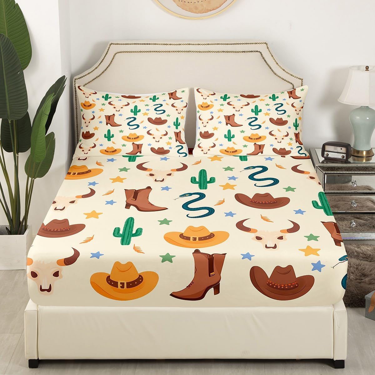 Cowboy Boots Bed Sheets Western Farmstyle Fitted Sheet for Girls Kids Famhouse Bed Set Queen Size Green Cactus Print Bedding Sets Bull Skull Decor Beddings