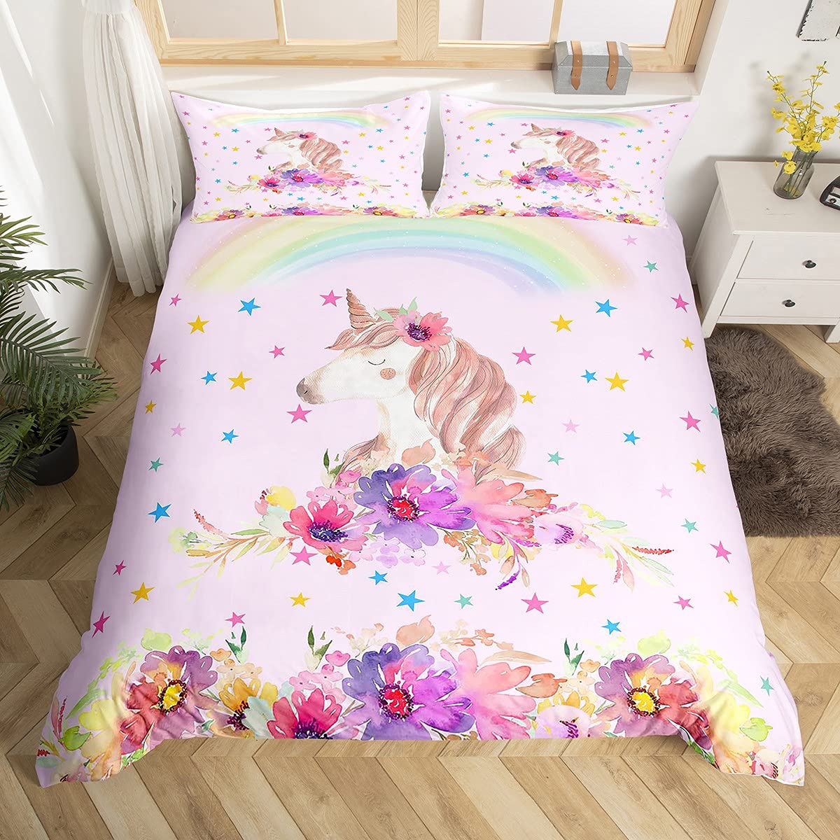 Housse de couette licorne en microfibre douce anti-plis pour lit d'enfant