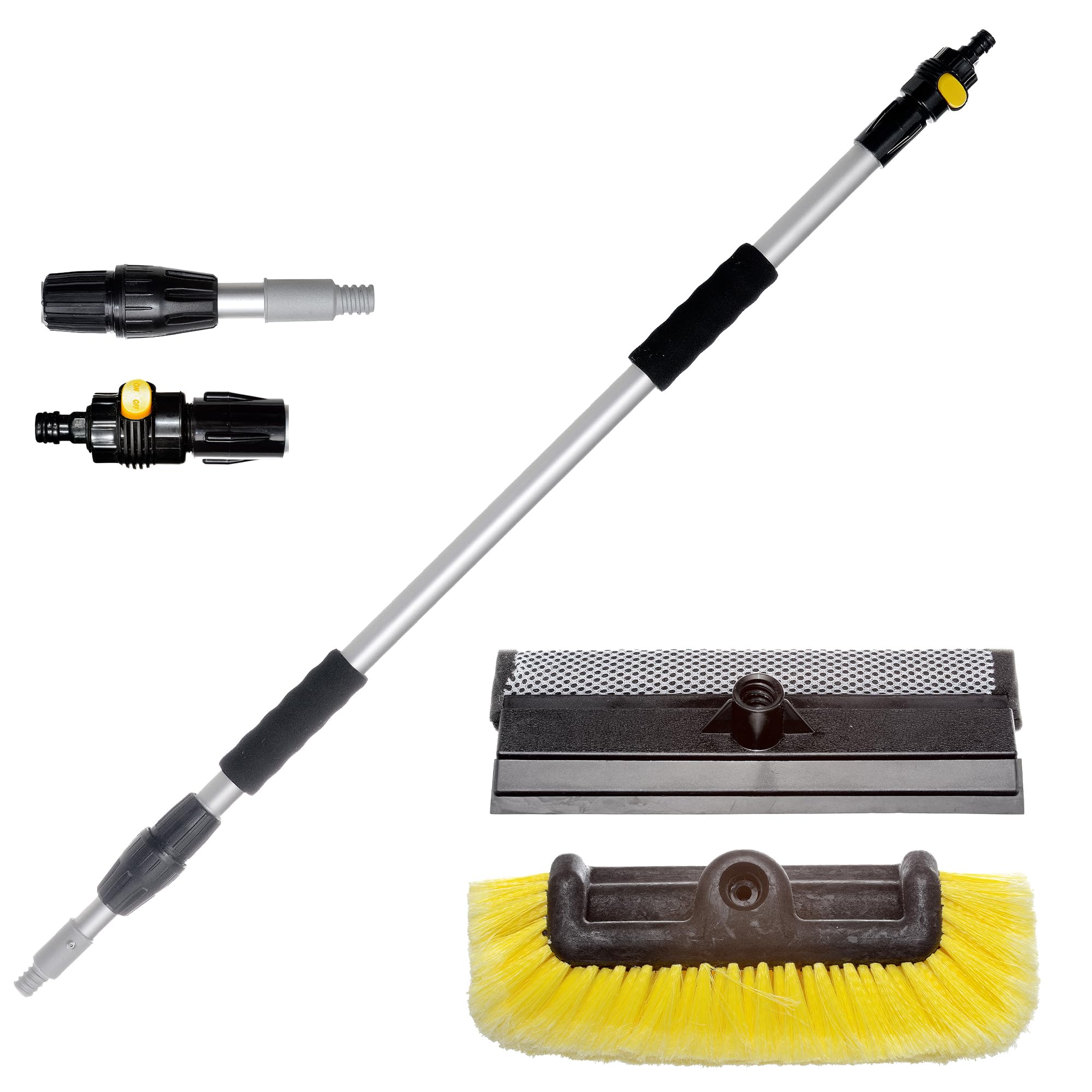 Yachticon Waschbürstenset Nr. 3 – Teleskopstiel 90–175 cm mit Wasserdurchlauf, Waschbürste mit Seitenborsten & Schwamm-Abzieher für Boot, Auto, Wohnmobil & Caravan