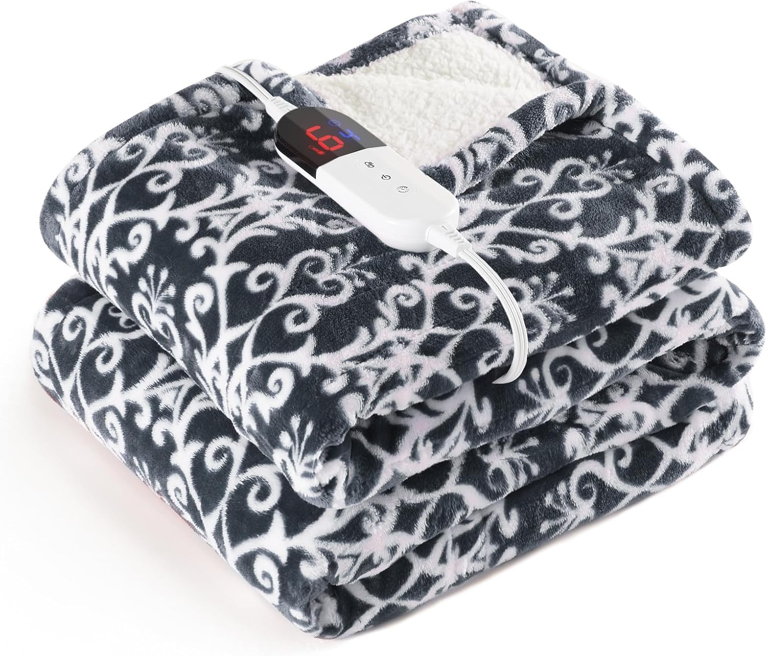 MAXEVEElectric Blanket Heated Throw 50"x62" Floral Print Fast Heating Blanket, 6 Heat Levels 4-Hour Auto-Off, Machine Washable, FCC & ETL Certified (Grey)