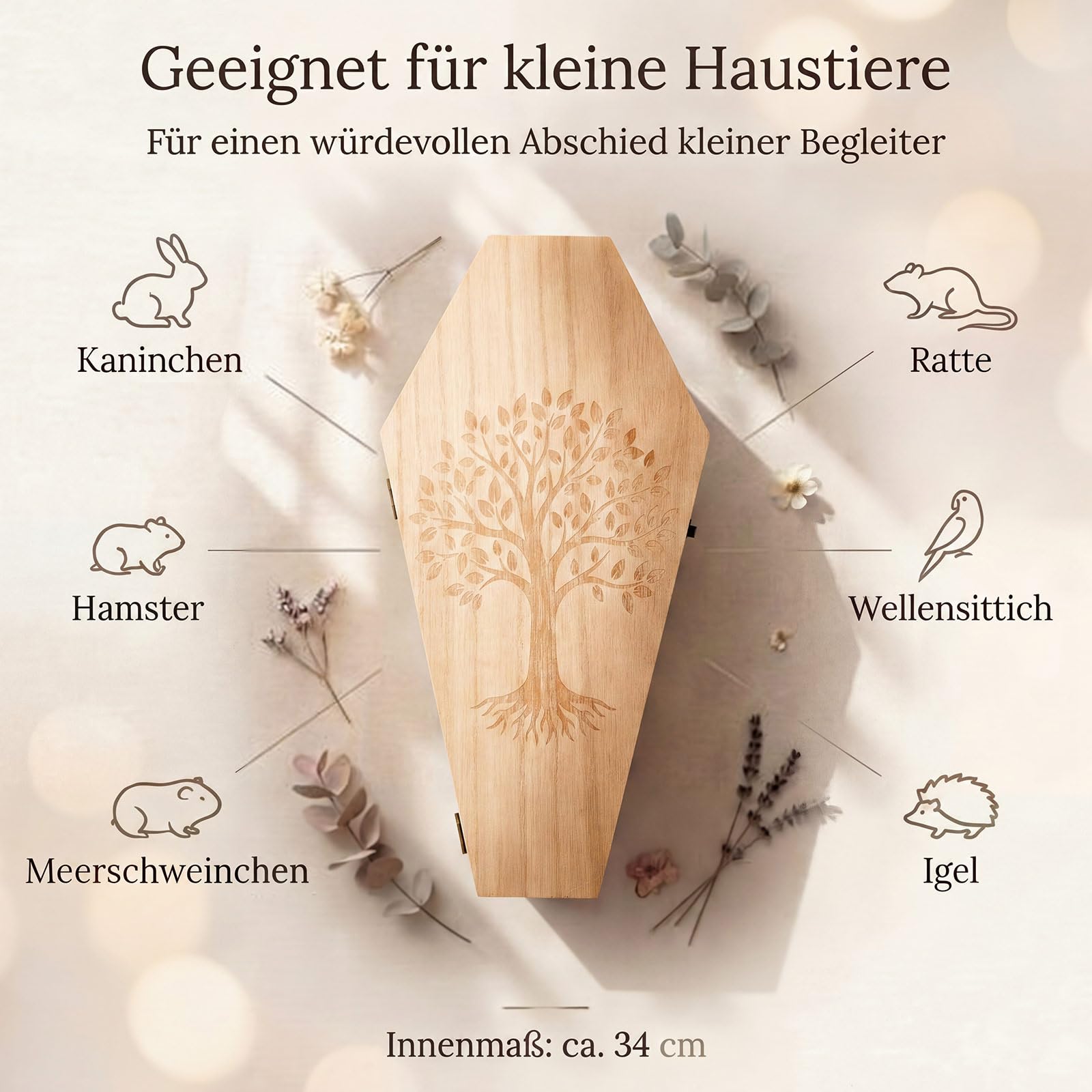 Jetec Cercueil Animaux Bois 37,5x16,5x7cm Gravure Arbre de Vie Marqueur Doré Hommage Digne Hamster Oiseau Serpent Lézard Souris Urne Funeraire Souvenir