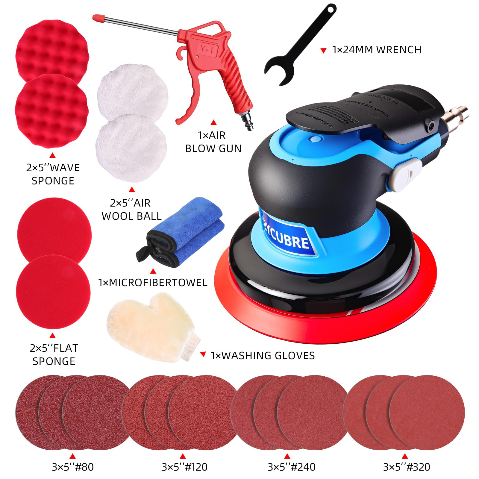 Kit de lijadora neumática Da de 5 pulgadas (con 12 papeles de lija, almohadillas de pulido, accesorios y una pistola de aire gratis) – Lijadora de aire para carrocería especializada, lijadora orbital
