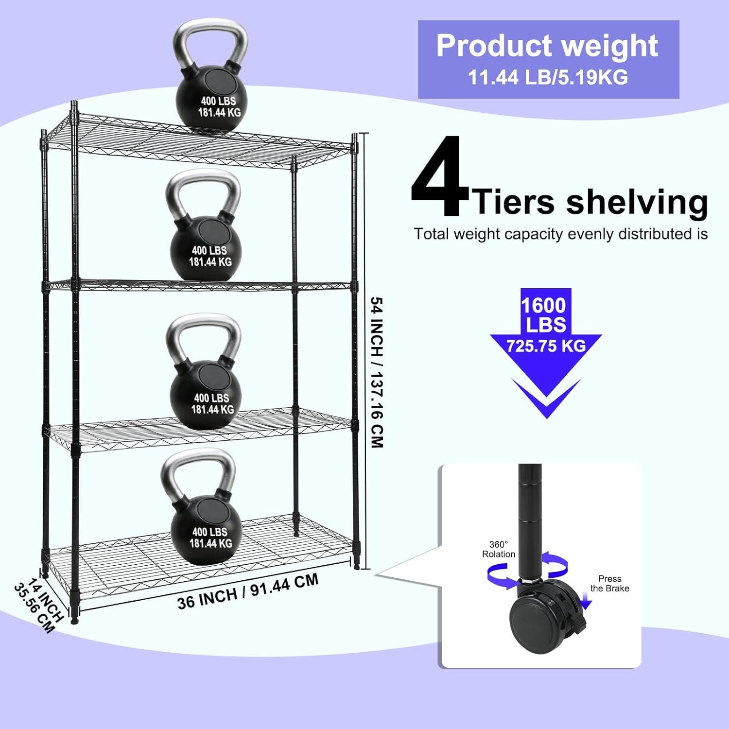 Whitmor 4 Tier Storage Shelving, Heavy Duty with Wheels, Adjustable Steel Organizer Wire Rack, 400 lbs Capacity per Shelf, Max 1600 lbs Total for Garage, Kitchen, Plant, 36" L x 14" W x 54" H, Black - Image 3