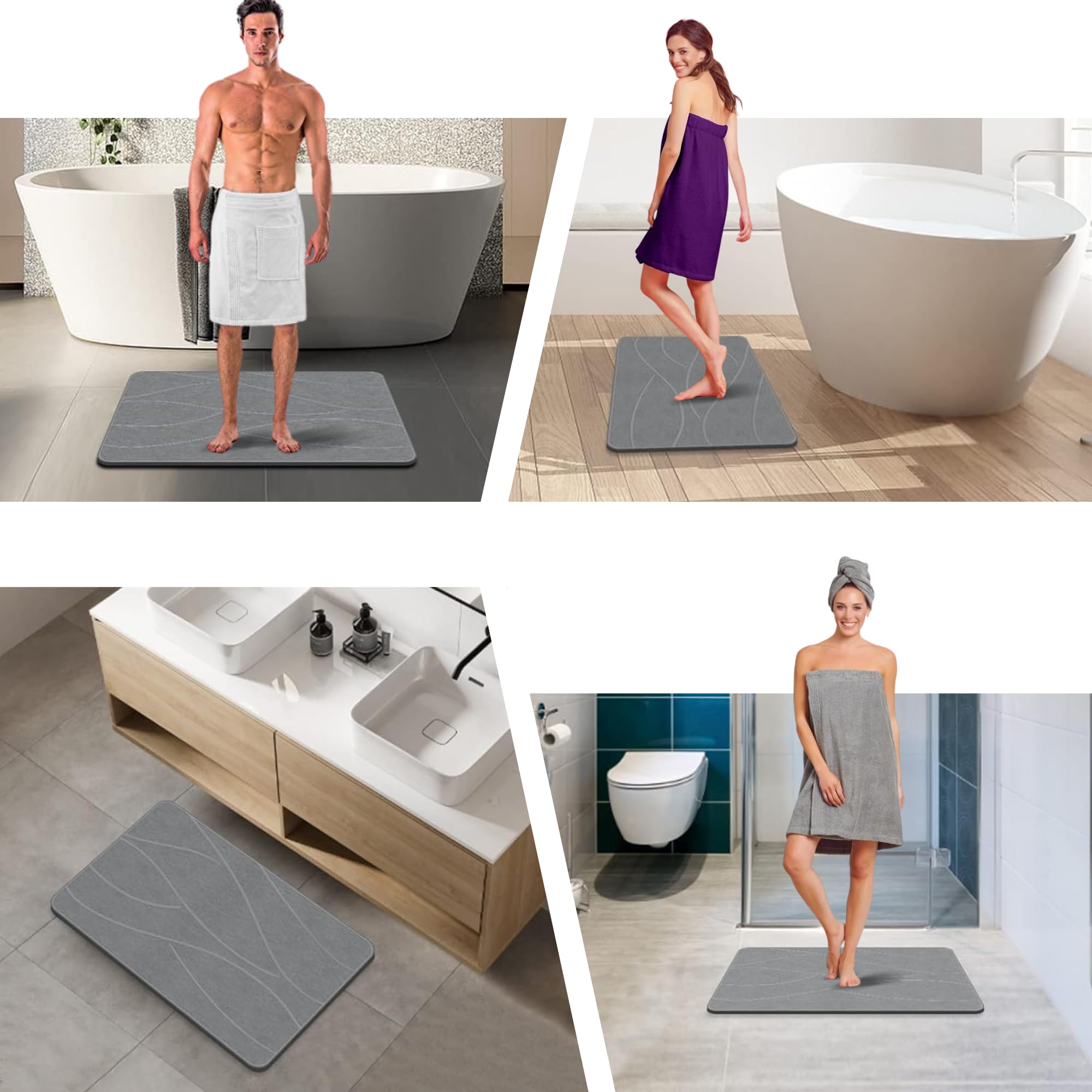 Tapis de bain en pierre de diatomite super absorbant, séchage rapide, facile à nettoyer, antidérapant, polyvalent, pour salle de bain, cuisine et plus encore - 40 x 60 cm (diatomite, gris)