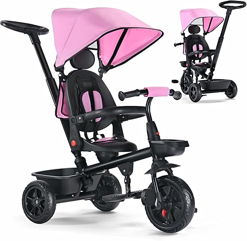 Triciclo para niños, triciclo 6 en 1 con toldo extraíble y asa de empuje, bicicleta para niños de 12 a 60 meses, asiento giratorio de 360, pedal
