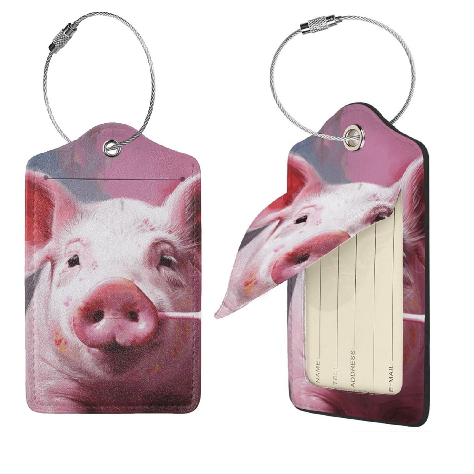 Etichette Bagaglio Con Stampa Maiale – Set In PVC, 8,4x5,3 Cm, Con Scheda Informazioni E Cinturino Nero