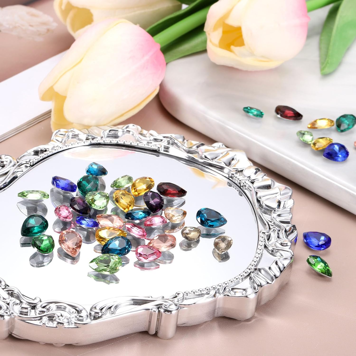 MECCANIXITY 50 Pcs Crystal AB Pointed Back Rhinestones, 6x8mm Teardrop Faceted Glass Gems for Phone Case DIY Crafts Jewelry Making Clothing Decoration, Dark Green - Image 6