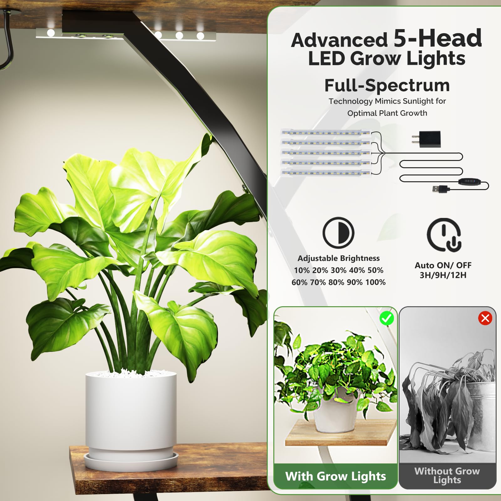LEADZM Support plantes interieur avec lampes de croissance, étagère à 10 niveaux, en métal, grande étagère de présentation pour plantes, pour la maison, la terrasse (Noir, Forme d'arbre)