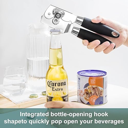 Miniatura 6 de Abrelatas manual resistente, abrelatas comercial de corte seguro para manos, perilla de acero inoxidable con cómoda manivela, borde liso de hoja