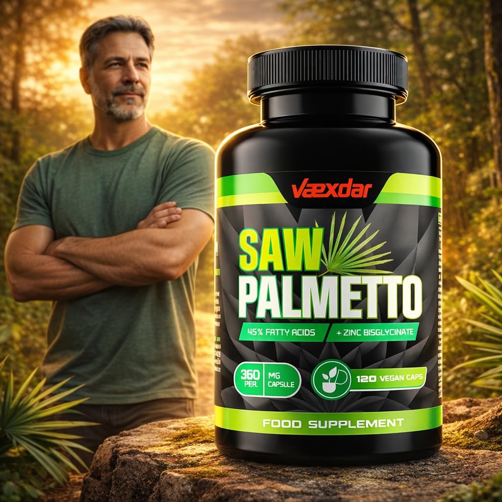 Vaexdar Saw Palmetto | Zinc Bisglicinato | Alta Potencia 360 mg Serenoa Repens | Saw Palmetto Prostata | 45% Ácidos Grasos | 120 Cápsulas Vegetales | Apoyo a la Salud Masculina | 4 Meses de Duración