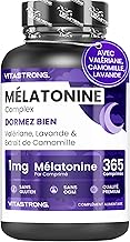 Melatonine Vitastrong Complex, 365 Micro-Comprimés de Mélatonine 1mg avec Camomille, Valériane, Lavande et Vitamine B6, Mélatonine Naturel Forte Nuit pour Dormir Rapidement et Profondement et Jet Lag
