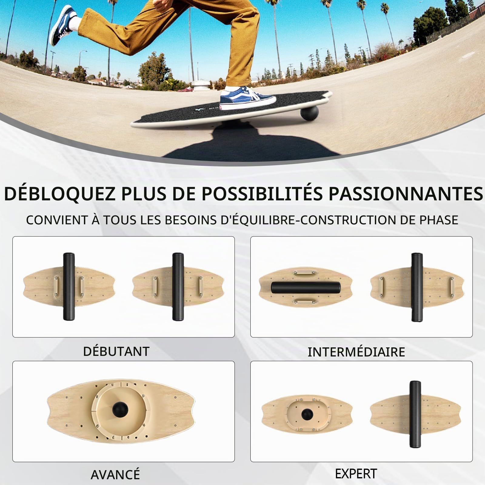 Planche d’Équilibre Bois, Planche d’Équilibre Pro avec Rouleau, Balle d’Équilibre, Support, Planche Multifonction Intérieure de Skateboard & Surf, Planche de Tricks pour Fitness, Yoga & Rééducation