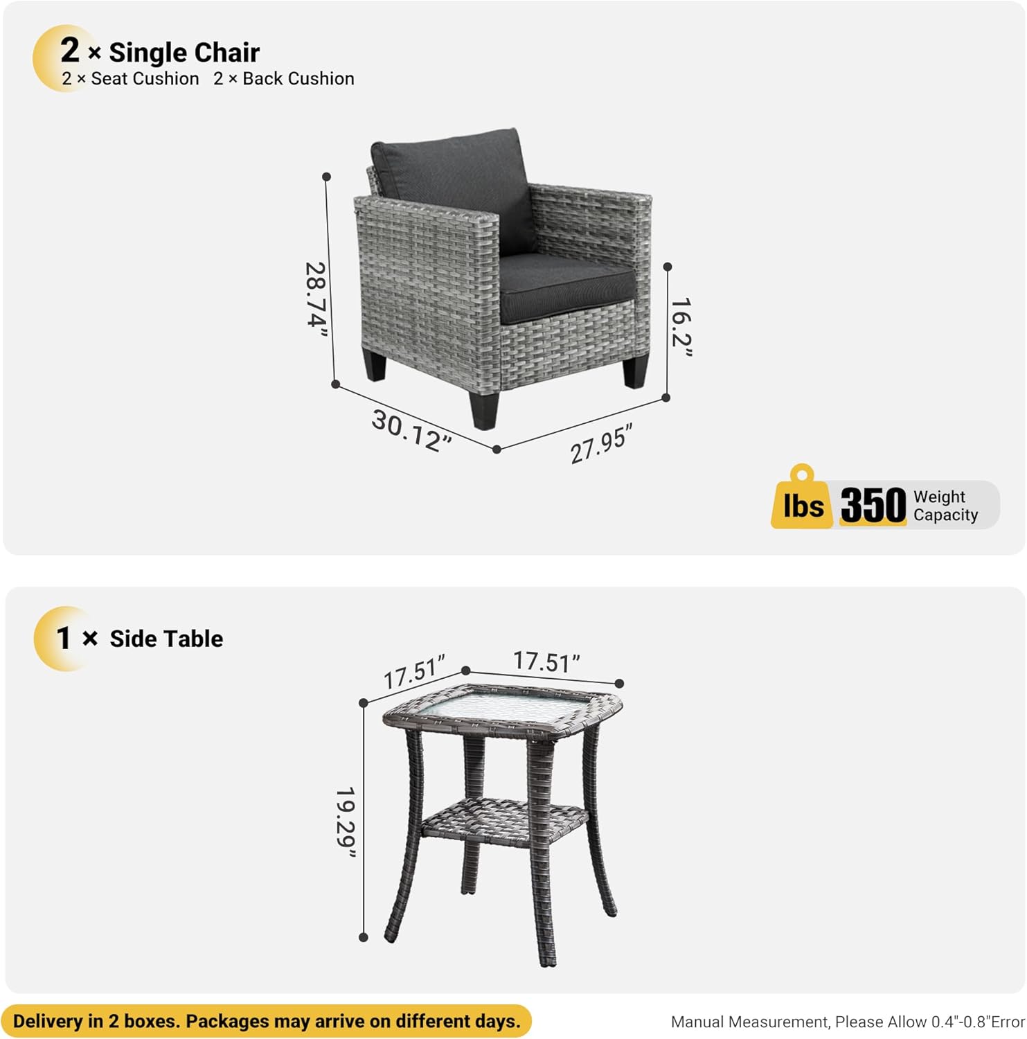 ovios 3 Pieces Patio Chair Set with Side Table, Outdoor Wicker Chairs of 2 with Comfy Cushions, High Back Rattan Armchairs Bistro Set for Porch Deck Garden, Black