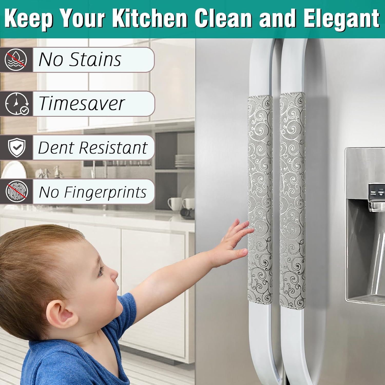 Refrigerator Handle Covers, Set of 6, Non-Slip Fridge Handle Covers, Washable Appliance Handle Covers, Keep Your Kitchen Clean, Microwave Oven Dishwasher Handle Protector(Light Gray, Silver pattern)