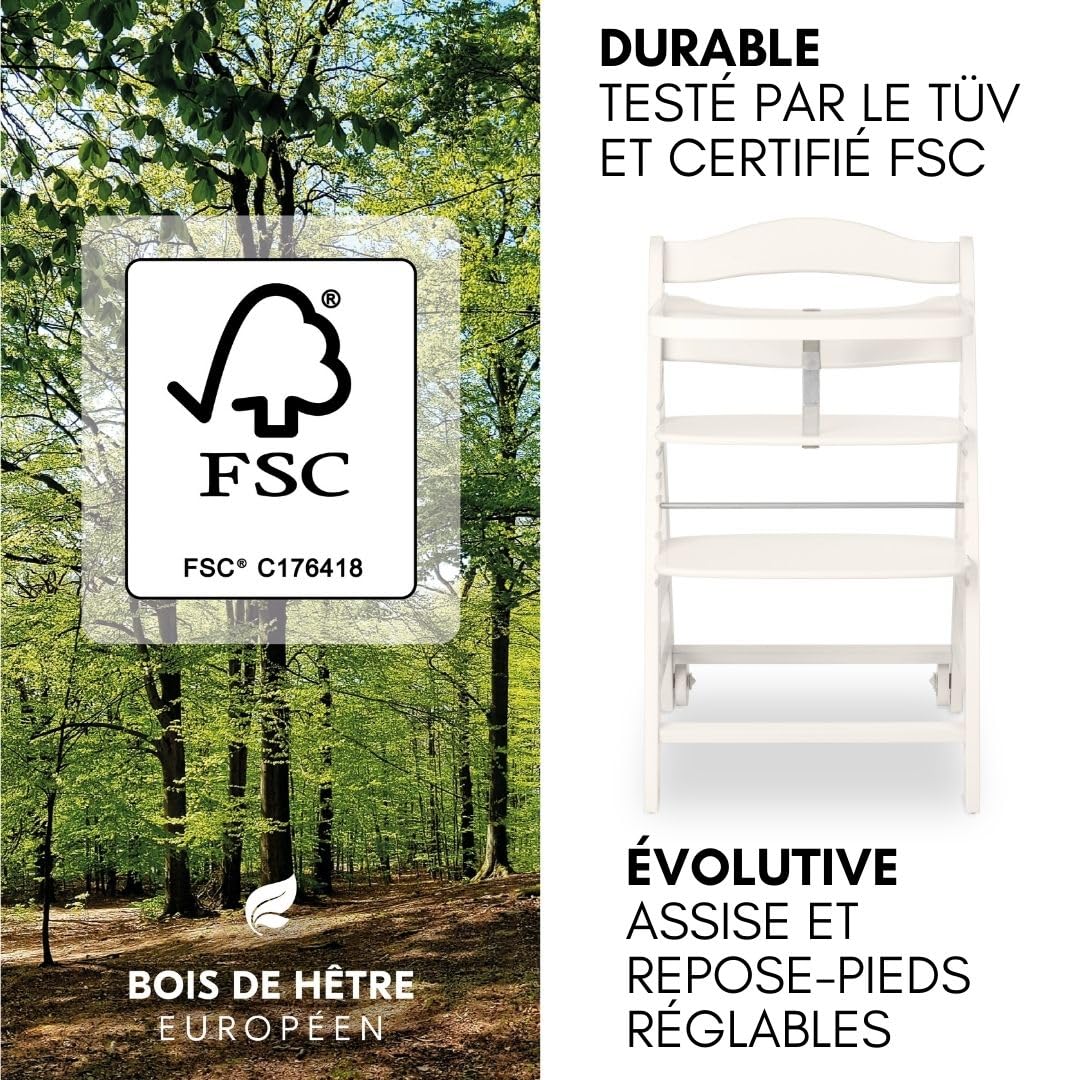 hauck Chaise Haute Bébé Beta+ avec Siège Nouveau-né 2 en 1 – White | Chaise haute évolutive en bois, de la naissance à 90 kg, inclus assise bébé, roues, plateau repas, coussin