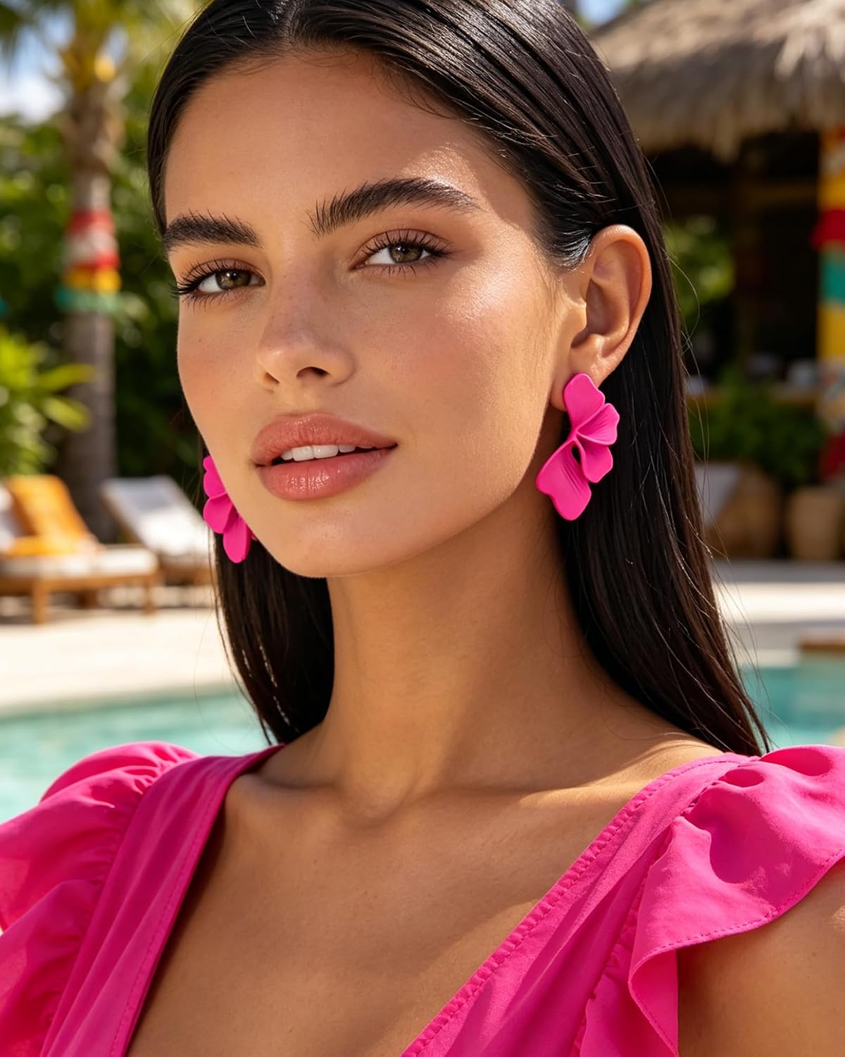 Hot Pink Flower Earrings for Women Boho Double-Layer Blossom Studs Large Fuchsia Flower Petal Stud Earrings Summer Hawaii Seaside Vacation Jewelry Accessories image 2