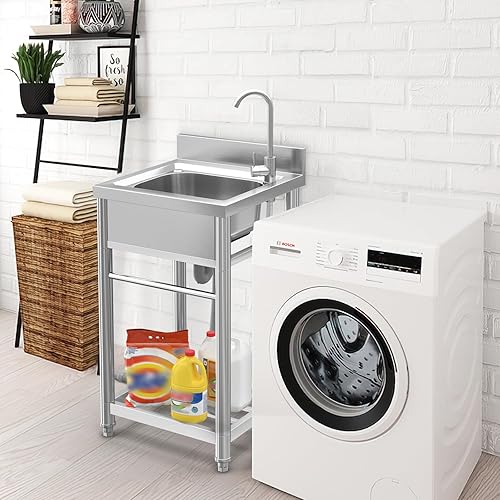 Miniatura 8 de Fregadero de acero inoxidable de 22 pulgadas, fregadero de lavandería con gabinete, estación de fregadero al aire libre para césped y jardín