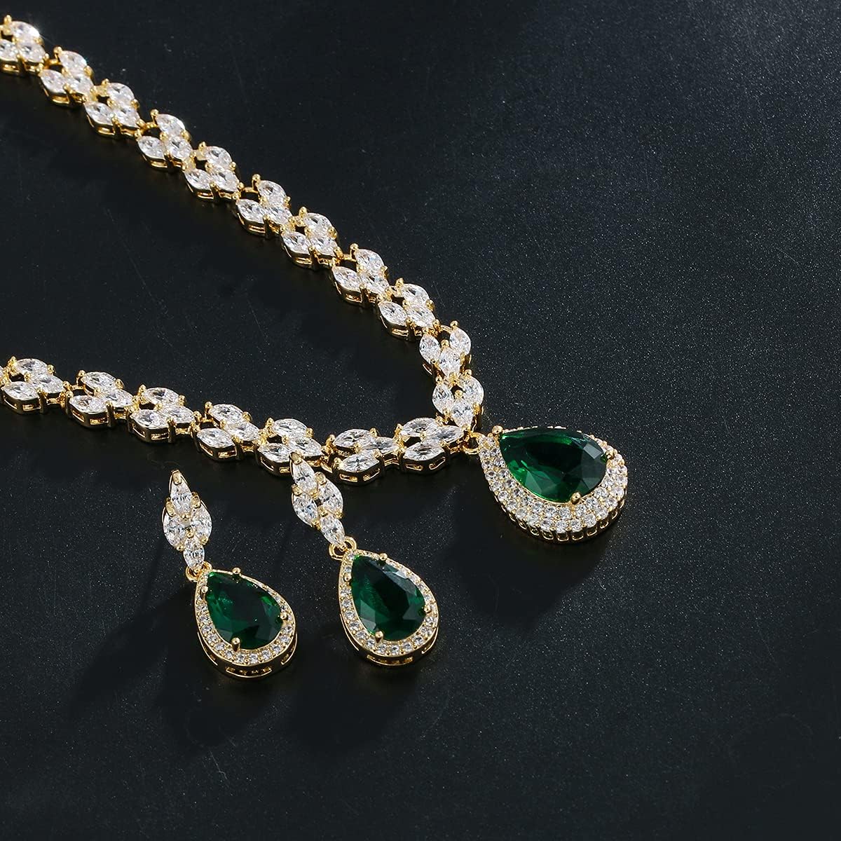 WeimanJewelry White Gold/Gold Plated Women Cubic Zirconia CZ Marquise Teardrop Bridal Tennis Necklace and Drop Earring Set for Wedding Brides (Gold tone-emerald cz)
