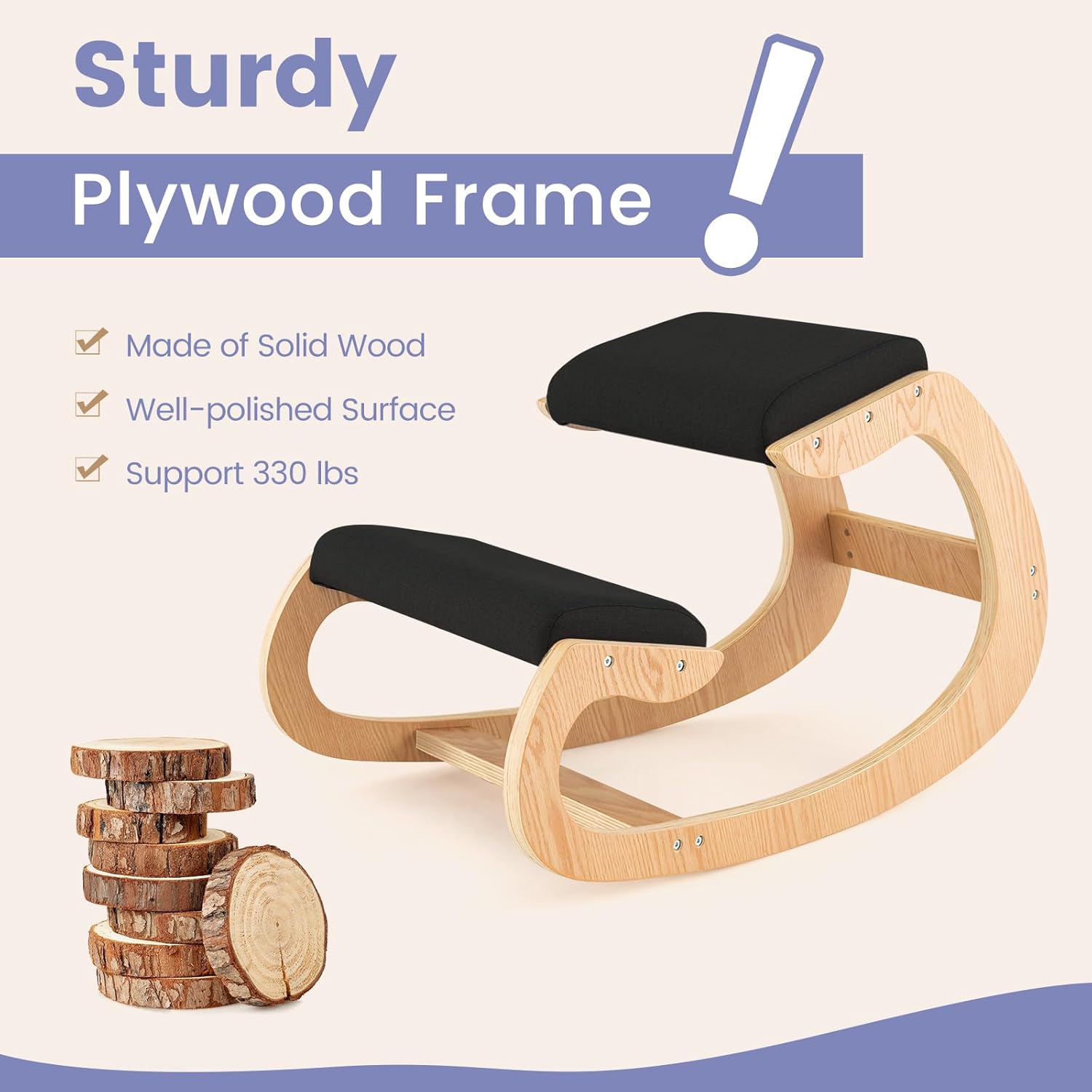 GOFLAME Ergonomic Kneeling Chair, Wooden Rocking Knee Chair with Comfortable Padded Seat Cushion & Knee Support for Home Office, Upright Posture Support Chair for Back Pain Relief (Black)