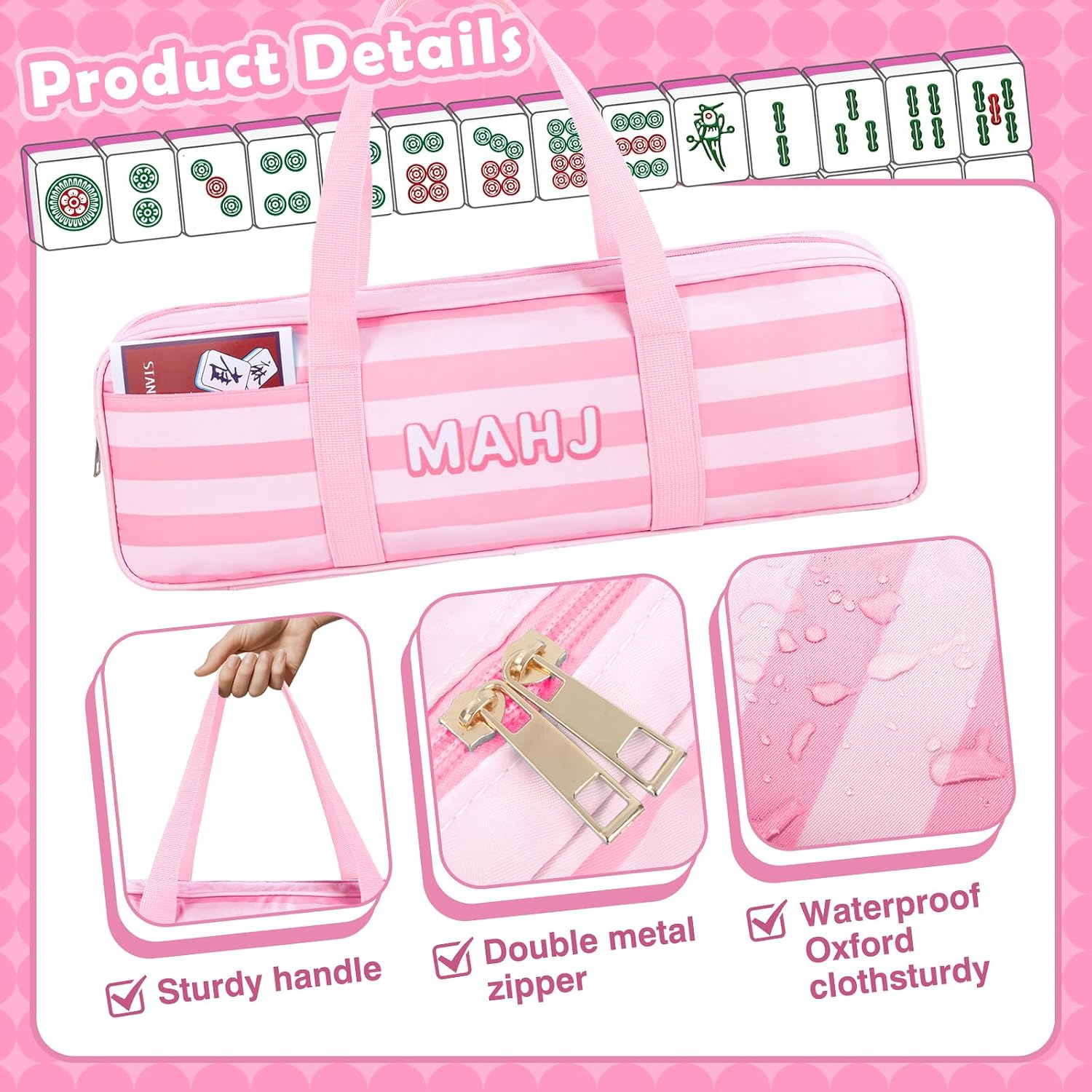 Mahjong Rack Storage Bag with 4 Independent Compartments and 1 Front Pocket, Mahjong Bag for Tiles and Racks Mahjong Accessories and Gifts (Only Bag) (Pink)