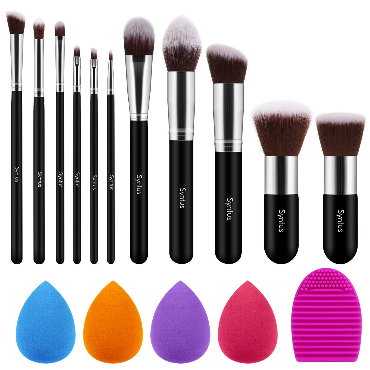 Syntus Makeup Brush Set, 11 Makeup Brushes & 4 Blender Sponges & 1 Brush Cleaner Premium Synthetic Foundation Powder Kabuki Blush Concealer Eye Shadow Makeup Brush Kit, Black Silver