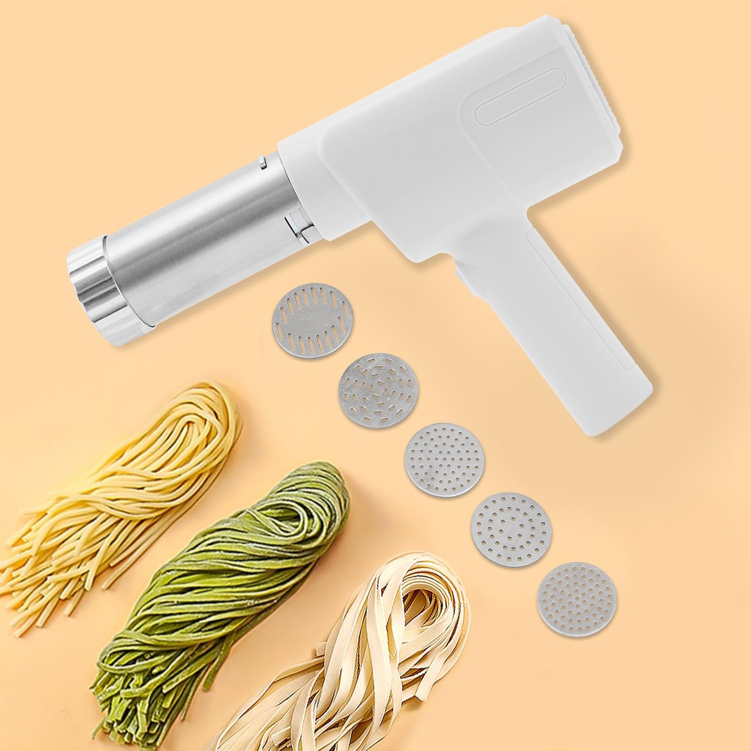 Household Noodle Machine Stainless Steel with 5 Dies, Cordless Pasta Maker Portable Handheld, Electric Noodle Press Machine for Spaghetti Ramen Fresh Pasta, Automatic Dough Press for Home Kitchen