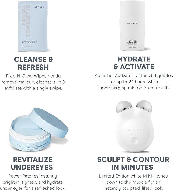NuFACE MINI+ Microcurrent Facial Device Ultimate Uplift Holiday Kit - Brilliant White Face Sculpting & Contouring Device with Aqua Gel, Power Patches, Prep-N-Glow Skin Care Wipes & Luxe Gift Box