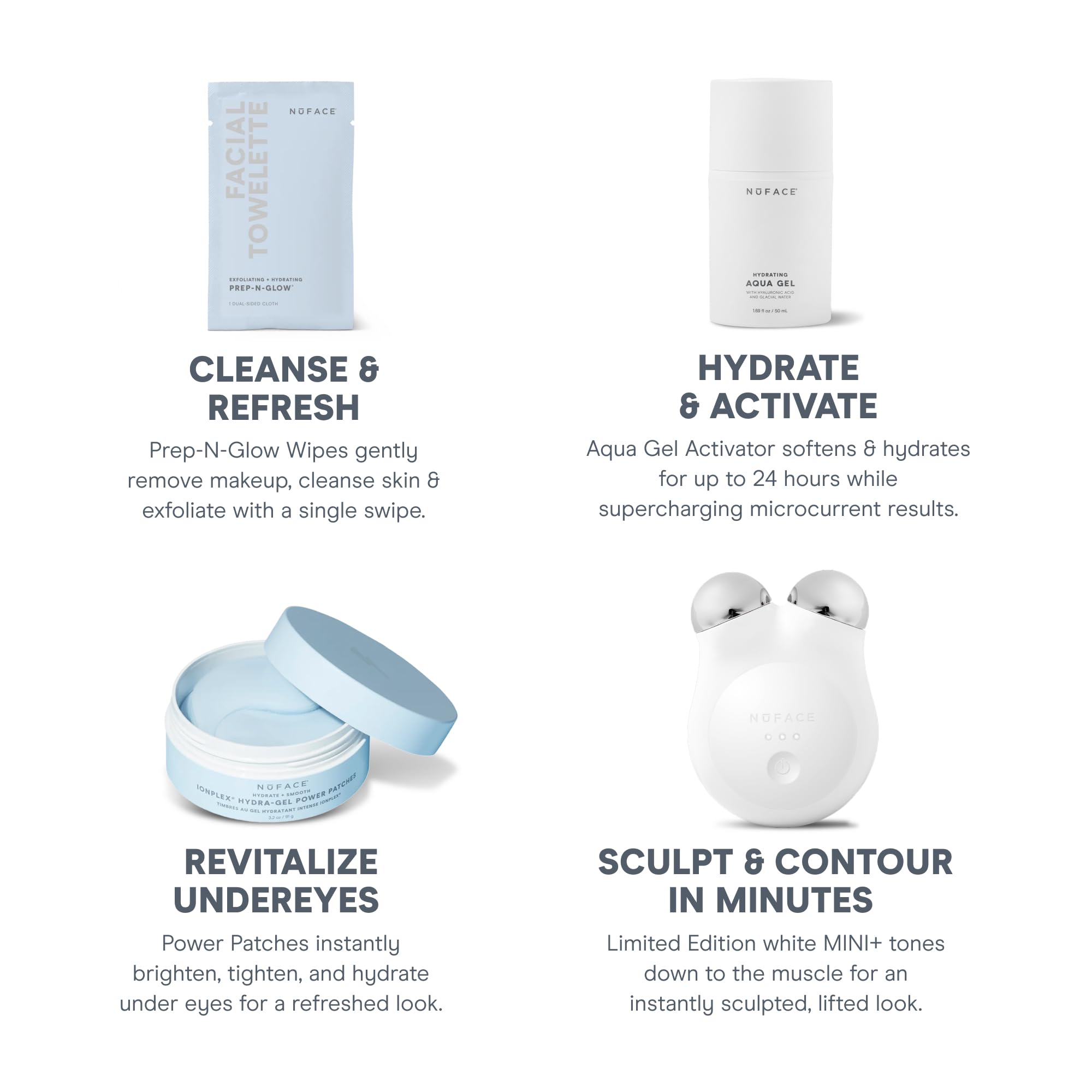 NuFACE MINI+ Microcurrent Facial Device Ultimate Uplift Holiday Kit - Brilliant White Face Sculpting & Contouring Device with Aqua Gel, Power Patches, Prep-N-Glow Skin Care Wipes & Luxe Gift Box