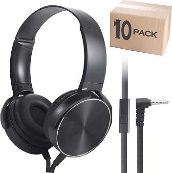 Bulk Headphones with Microphone 10 Pack for Classroom Kids,Wholesale Heavy Duty Wire Headsets with Mic Class Set for School Students Teen Children 10 Black