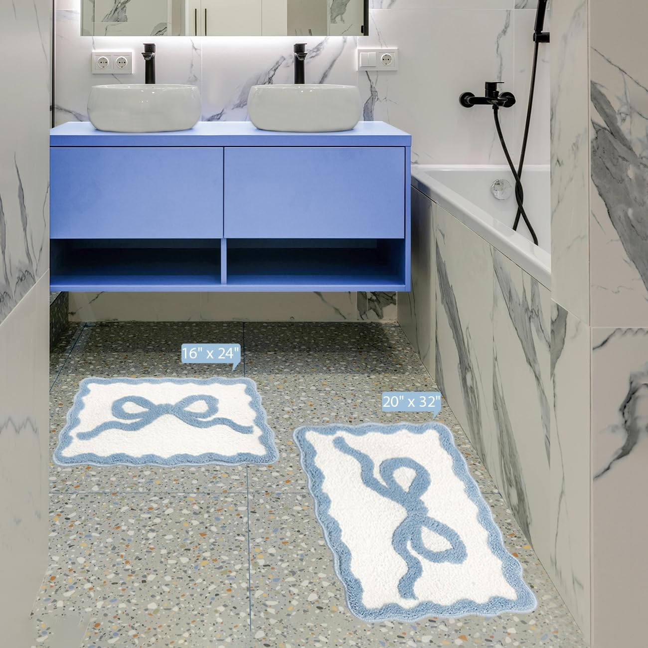 Blue Bow Bathroom Rugs, Preppy Scalloped Rug Cute Bath Mat Girly Shower Rug Coquette Aesthetic Bath Mat Bow Decor for Bedroom, Kitchen, Bathroom Floor (Blue, 20" x 32" - Large)