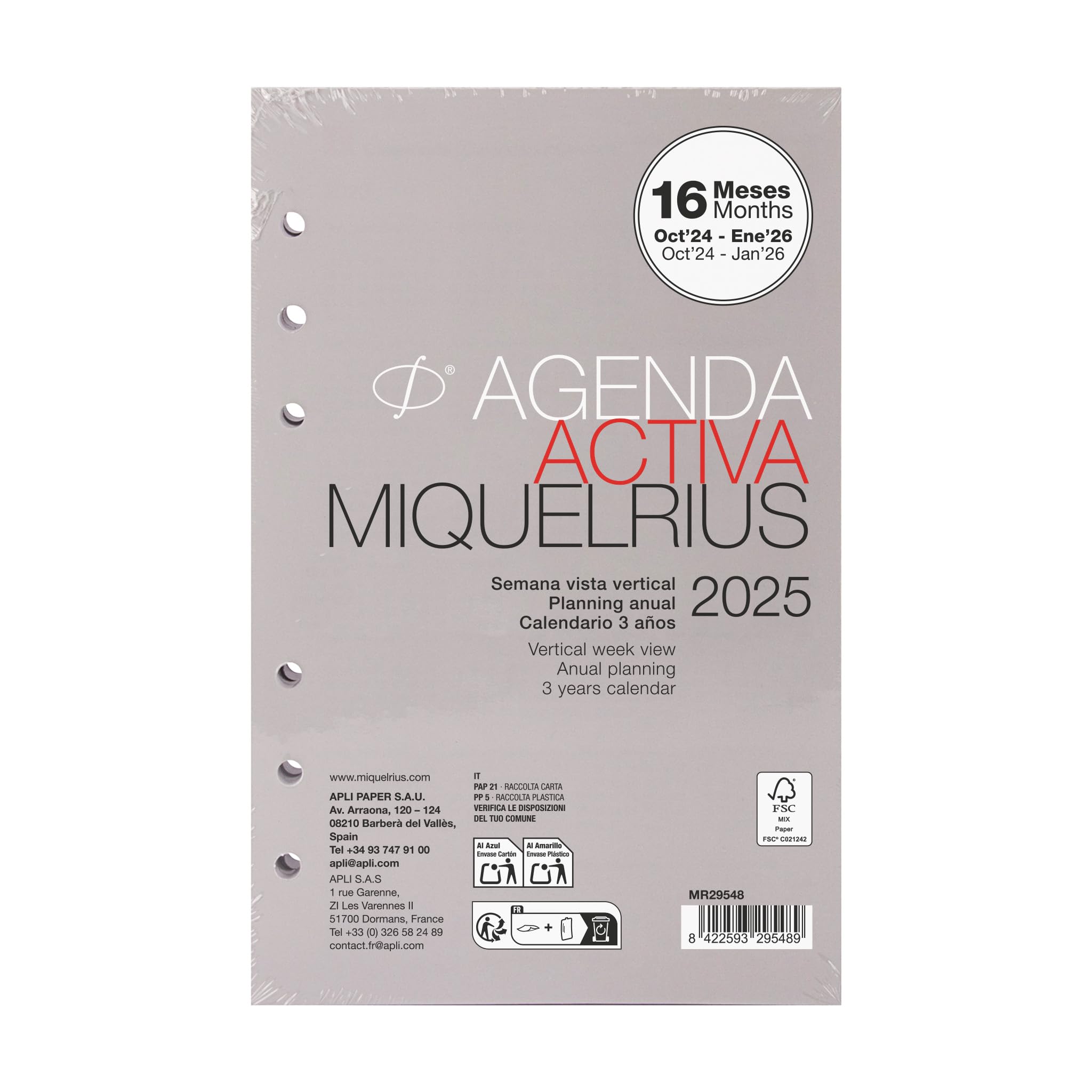 Miquelrius - 2025 Annual Agenda Refill, 16 Months, Horizontal Week View, Refill Agenda Rings, Active Size 117 x 182 mm, Refill Agenda 6 Rings, Spanish, Portuguese and English