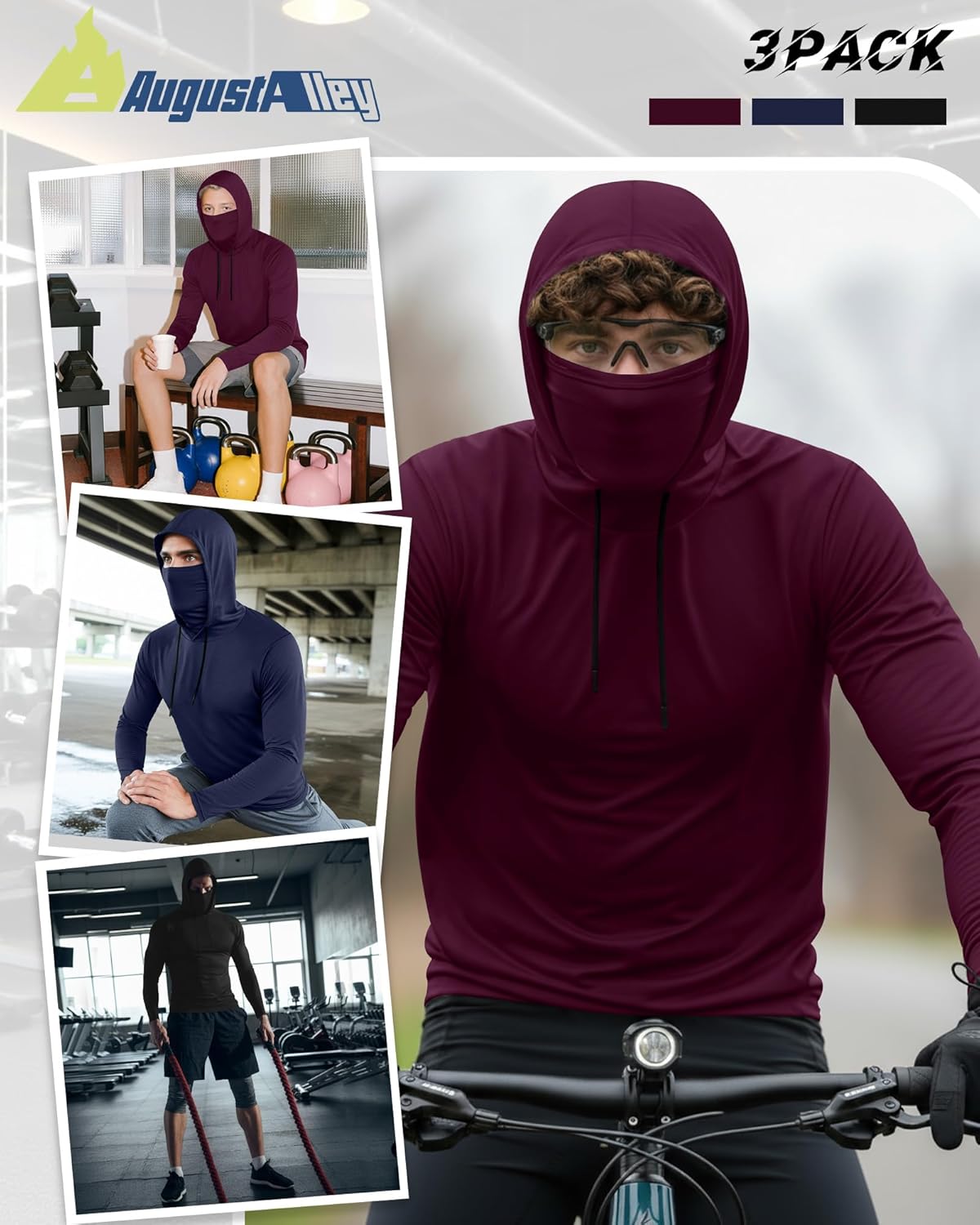 3 Pack Men's Sports Hoodies with Mask Compression Long Sleeve Thermal Shirts Base Layer Tees Running Pullover - Image 2