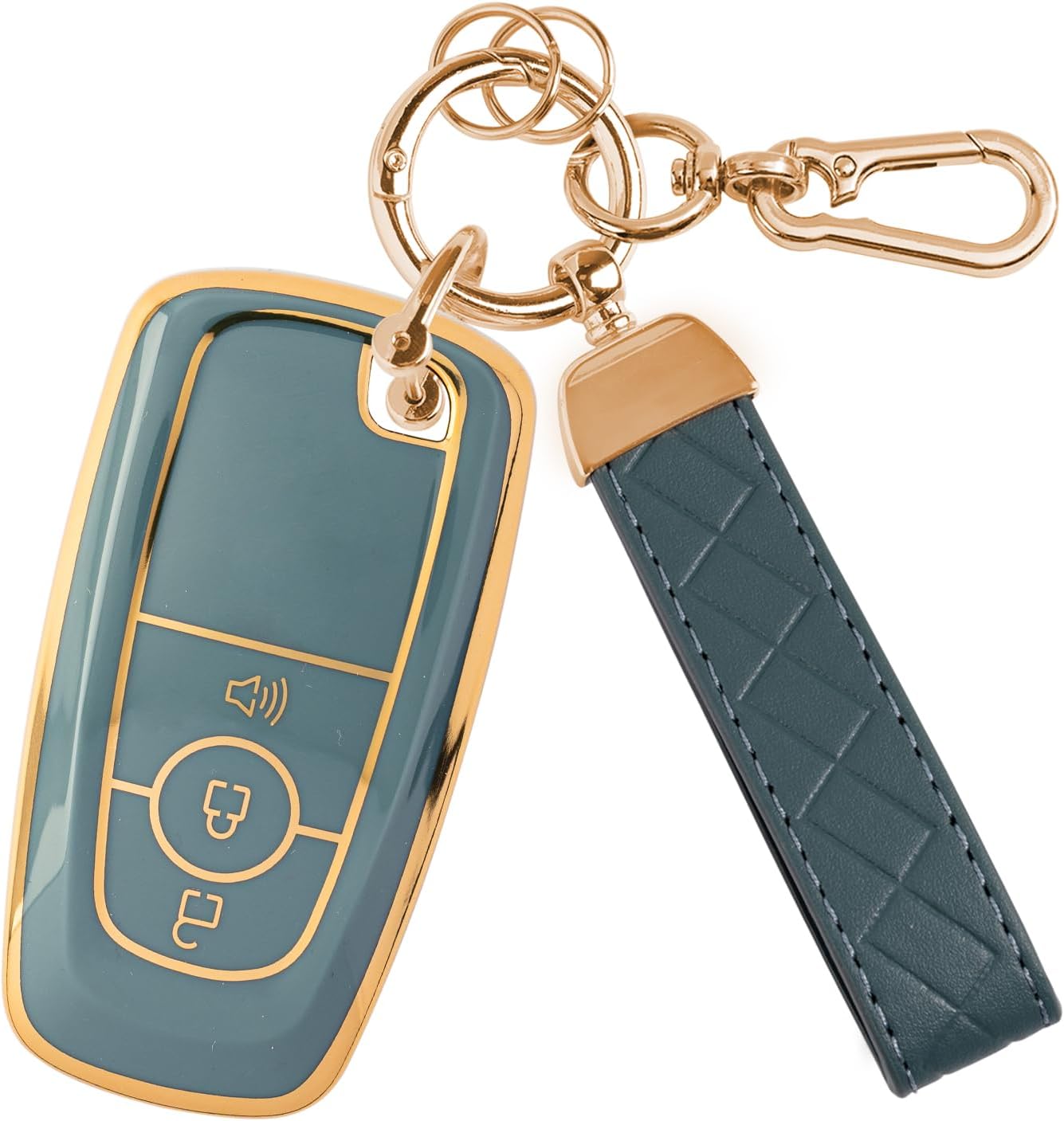 Rislobx 3 Botton Key Fob Cover Compatible with Ford, TPU Key Fob Case with Leather Lanyard for 2017-2024 Ford Explorer Edge Bronco Fusion Escape Expedition Mustang Maverick F-150 (Sakura Pink)