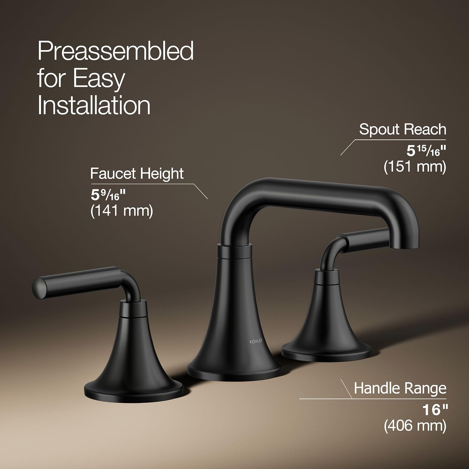 KOHLER K-27416-4-BL Tone™ Widespread Bathroom Sink Faucet, 3-Hole, Widespread Bathroom Faucets with Two Lever Handles and Clicker Drain, 1.2 GPM, Matte Black